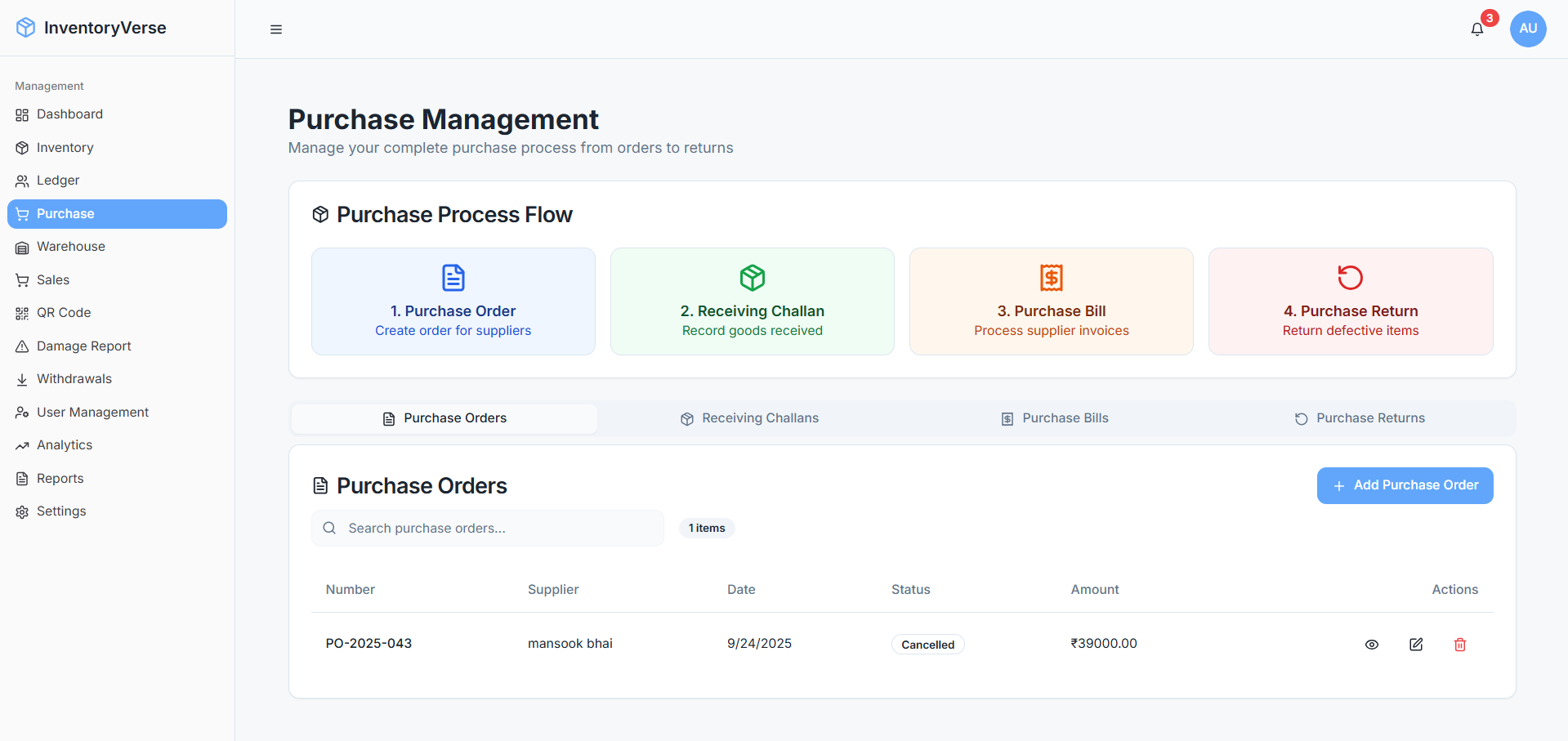 Purchase Orders & Warehouse Feature